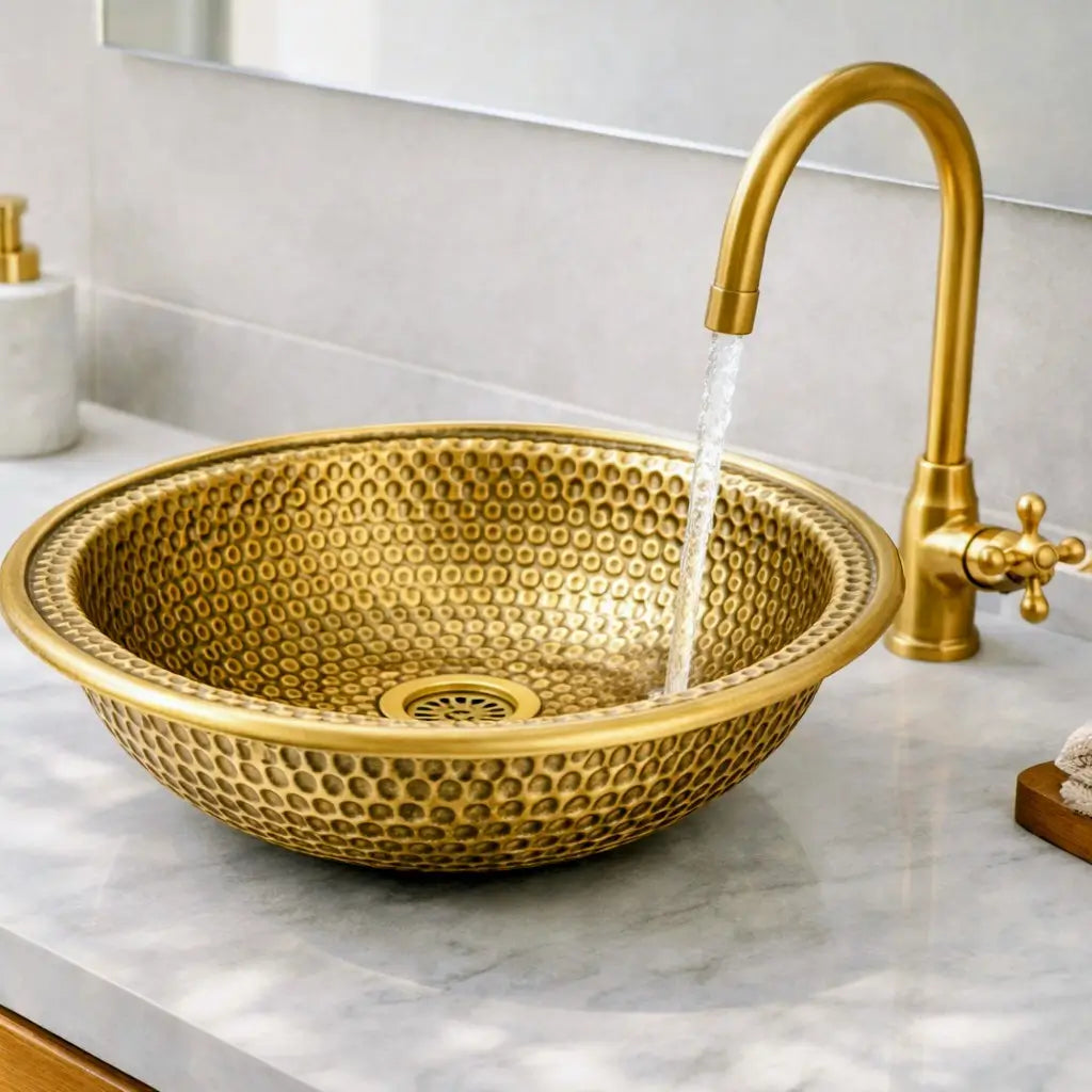 Pure flowing water inside a custom brass bathroom sink with a polished golden inside over a marble counter.