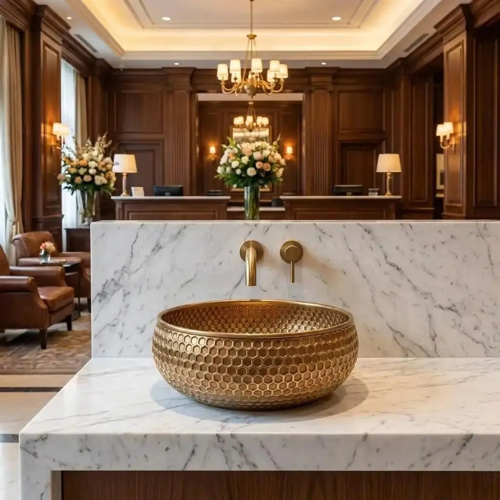Front view of a handcrafted brushed copper vessel sink with honeycomb texture on a white Carrara marble island vanity in a classic luxury hotel lobby interior.