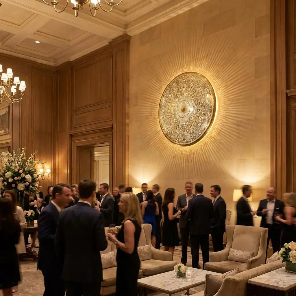 Giant round etched brass wall disk light fixture radiating dramatic sunburst rays above people at a luxury hotel reception hall.