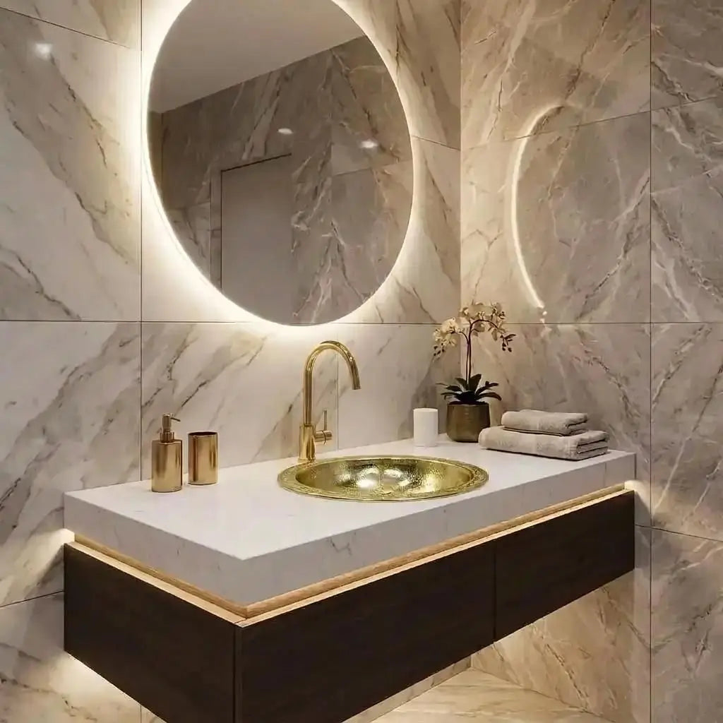 Round gold brass drop-in vanity sink with a high-arc single-handle faucet on a modern white countertop with a floating dark grey cabinet