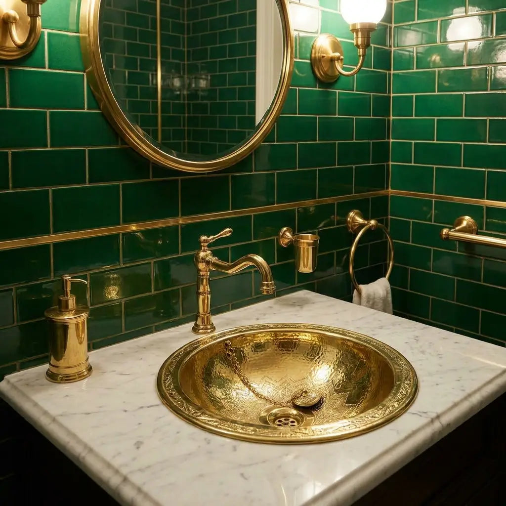Round hand-hammered gold brass drop-in washbasin with antique single-lever faucet on white marble countertop against emerald green subway tile walls