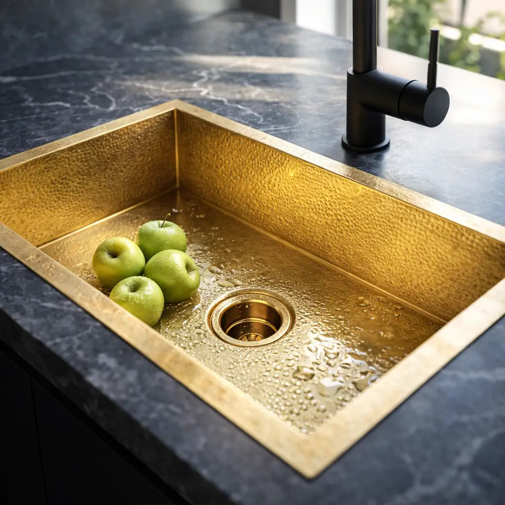 Golden brass undermount kitchen sink filled with fresh green apples installed on a dark soapstone countertop with a modern matte black faucet