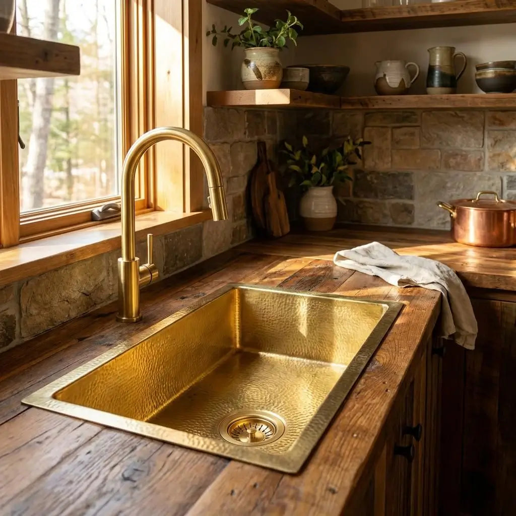 Golden brass undermount bathroom or kitchen sink installed on a rustic wooden countertop with a high arc gold faucet in a warm lit interior