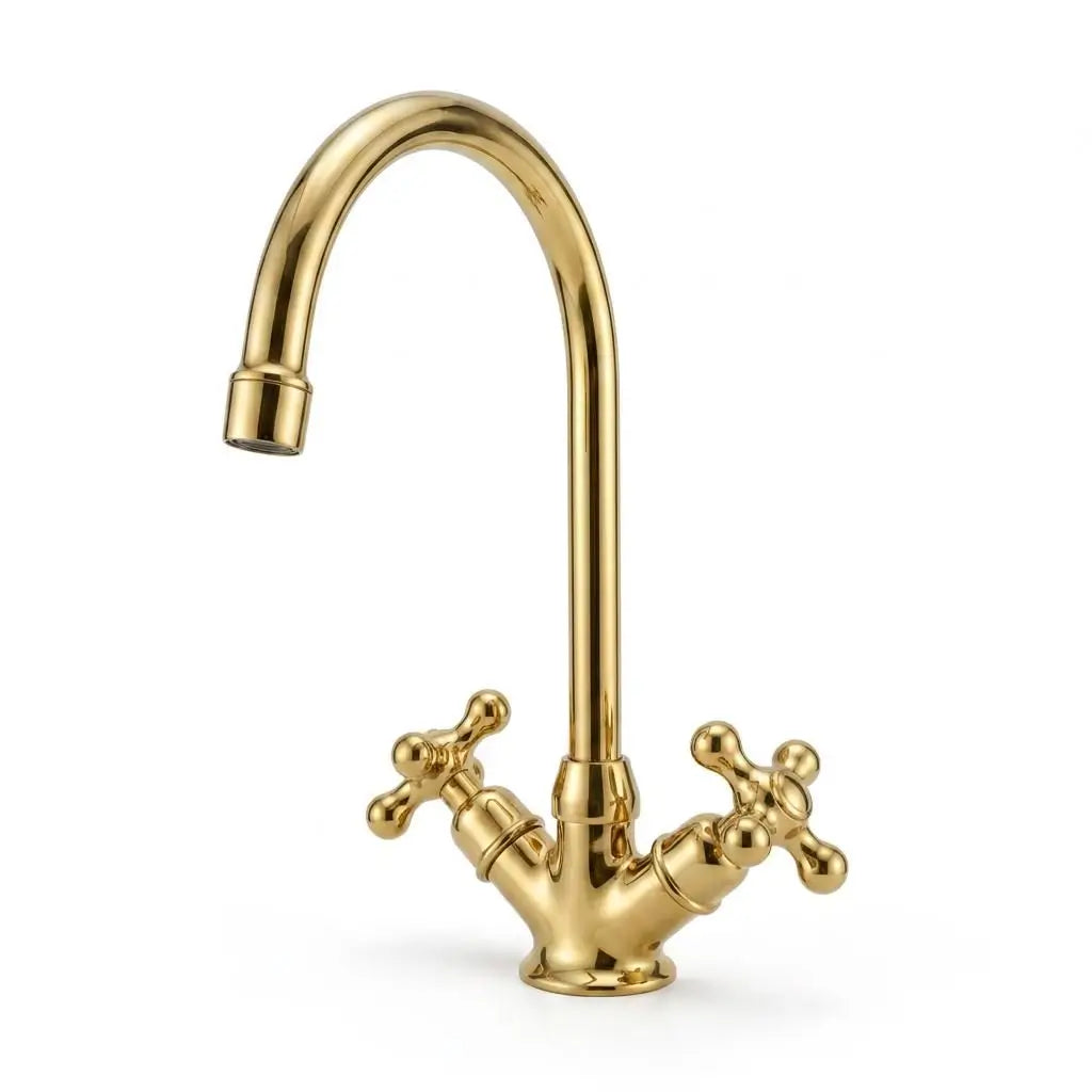 Front view of a handmade brass Moroccan vanity tap featuring a high-arc gooseneck spout and dual cross knobs, perfectly isolated on a clean white background.