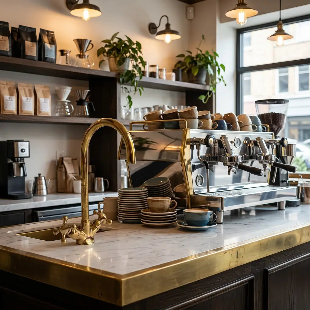 Handmade brass Moroccan vanity tap with gooseneck spout installed next to a commercial espresso machine on a marble coffee shop counter.