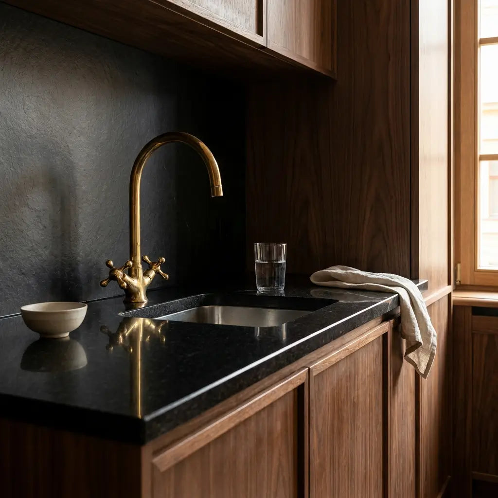 Handmade brass Moroccan vanity tap with a gooseneck spout and double cross handles installed on a glossy black countertop in a modern wooden kitchen.