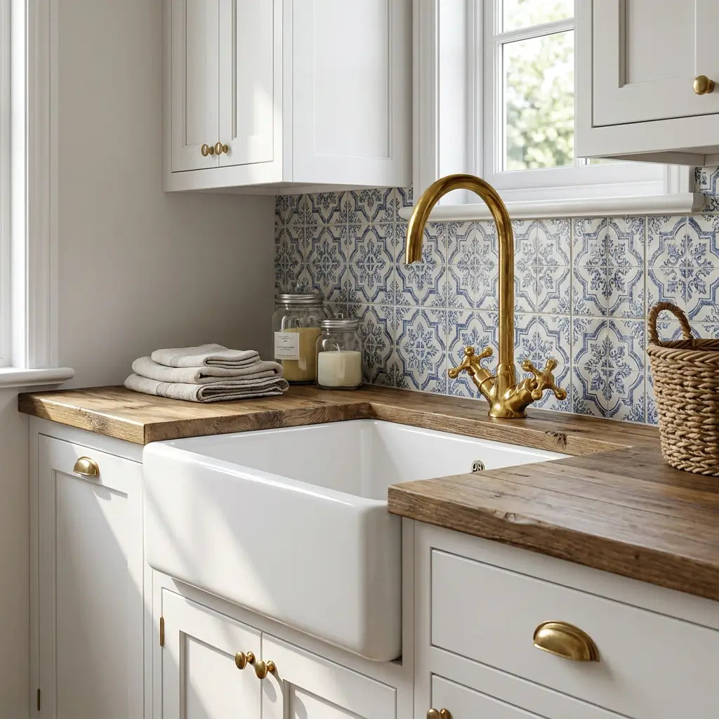 Handmade brass Moroccan vanity tap with a gooseneck spout installed on a white pedestal sink in a vintage bathroom with floral wallpaper and a brass-framed mirror.