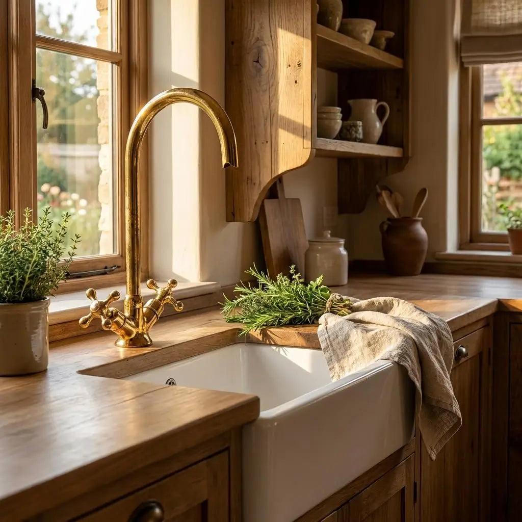 Handmade brass Moroccan vanity tap with a high-arc gooseneck spout installed on a white farmhouse sink in a rustic kitchen with wooden countertops.