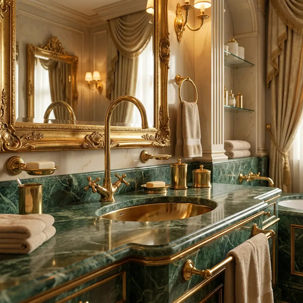 Handmade brass Moroccan vanity tap with a gooseneck spout installed on a green marble countertop with a brass undermount sink in a luxury vintage bathroom.