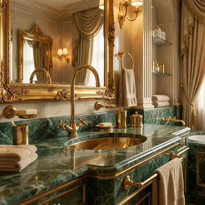 Handmade brass Moroccan vanity tap with a gooseneck spout installed on a green marble countertop with a brass undermount sink in a luxury vintage bathroom.