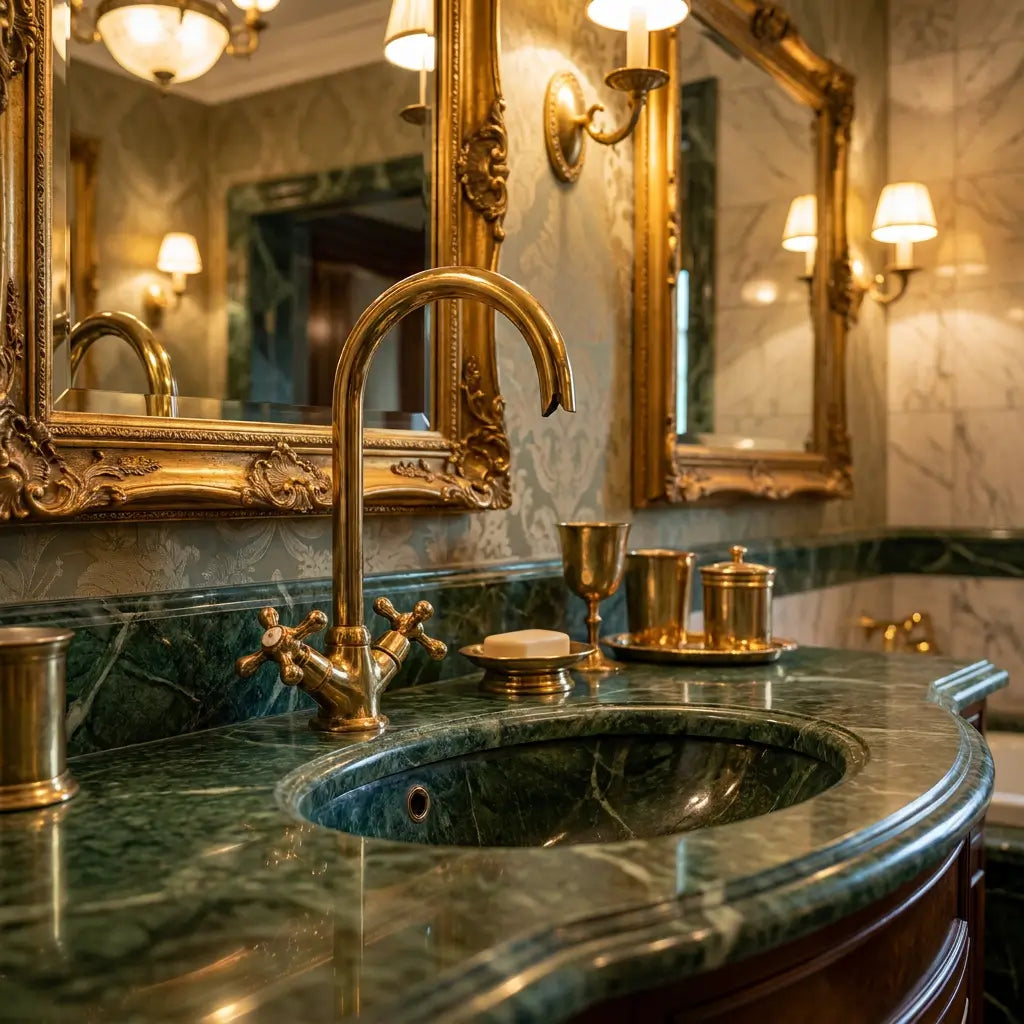 Close-up view of a handmade brass Moroccan vanity tap with an elegant gooseneck spout installed on a dark green marble countertop in a classic luxury bathroom.