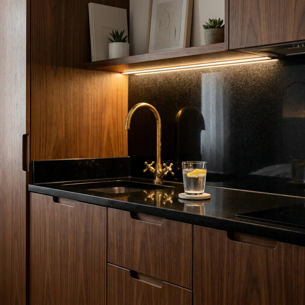 Handmade brass Moroccan vanity tap with gooseneck spout installed on a dark countertop in a modern wooden kitchen with warm under-cabinet lighting.