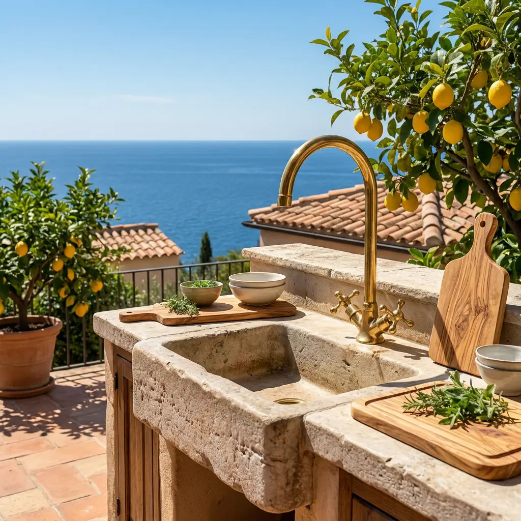 Handmade brass Moroccan vanity tap with a gooseneck spout installed on an outdoor stone sink with a Mediterranean sea view and lemon trees.