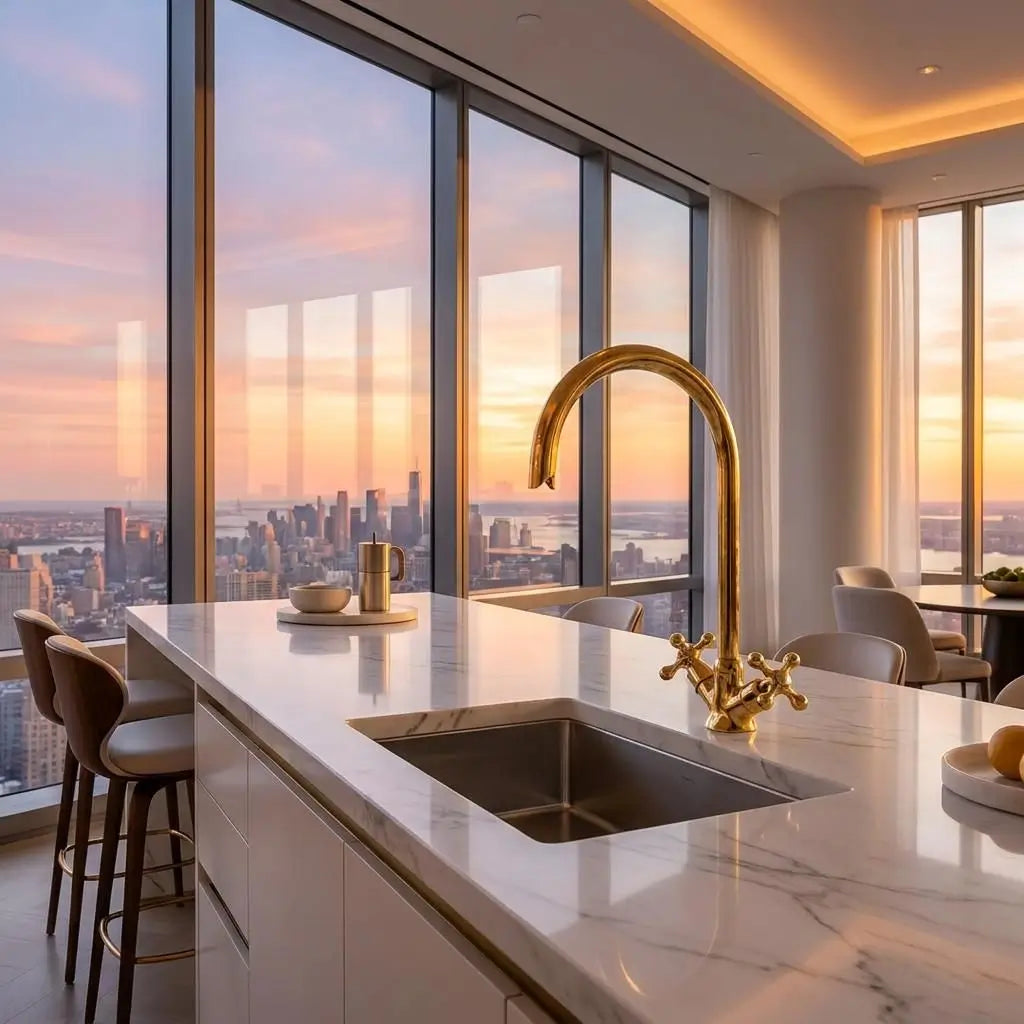Handmade brass Moroccan vanity tap with a gooseneck spout installed on a white marble kitchen island in a modern high-rise penthouse overlooking a city skyline at sunset.