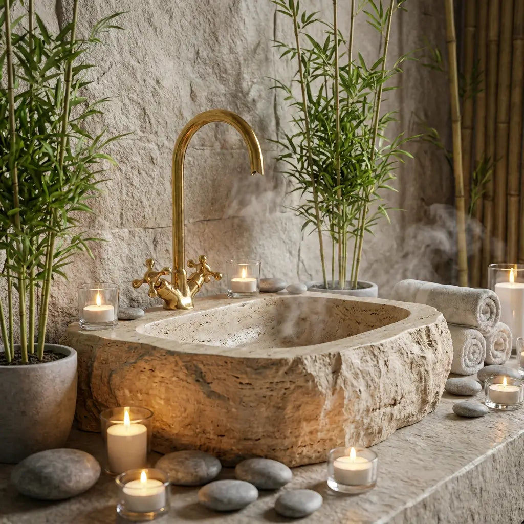 Handmade brass Moroccan vanity tap with a gooseneck spout installed on a rustic natural stone basin in a zen spa bathroom with bamboo plants and lit candles.