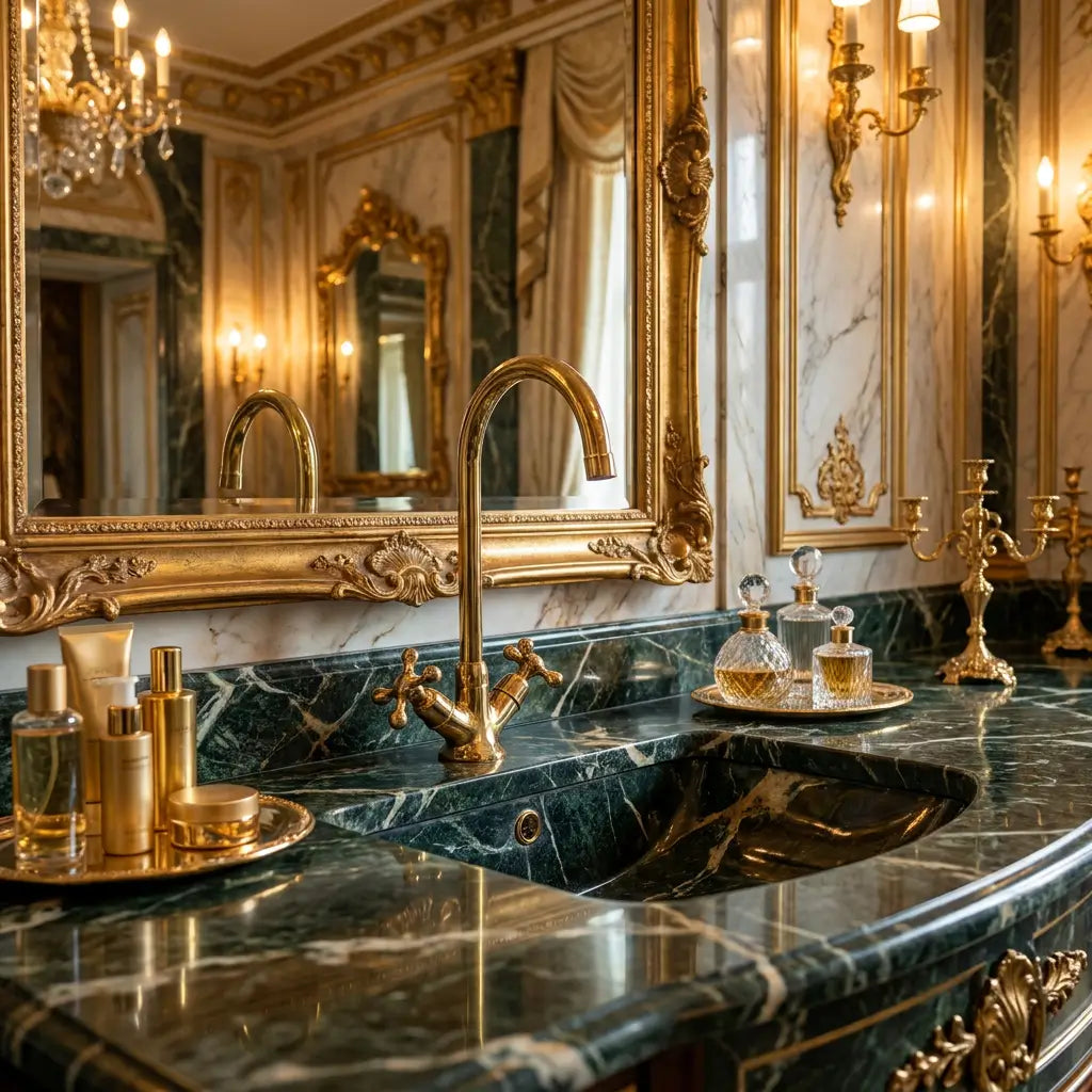 Handmade brass Moroccan vanity tap with gooseneck spout installed over a dark veined marble sink basin in an elegant, gold-accented vintage bathroom.