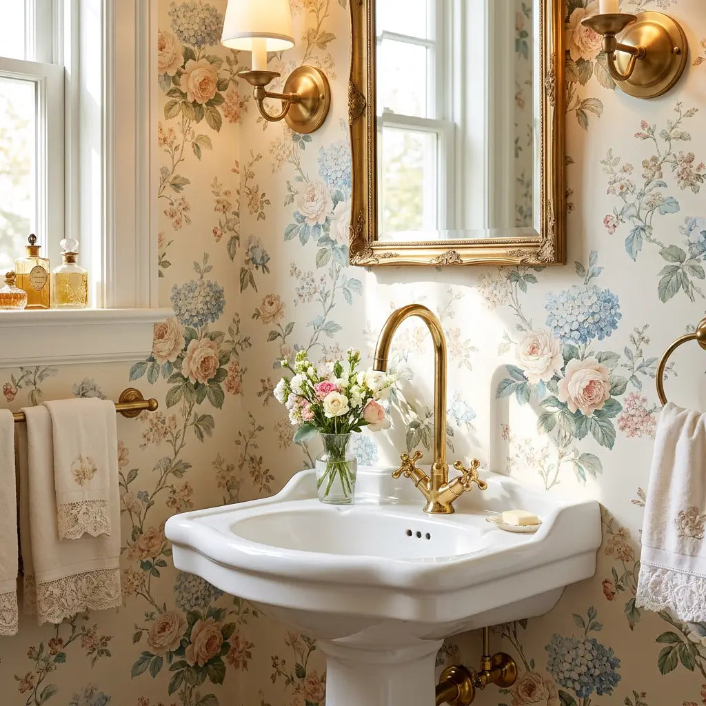 Handmade brass Moroccan vanity tap with a gooseneck spout installed on a white pedestal sink in a vintage bathroom with floral wallpaper and a brass-framed mirror.