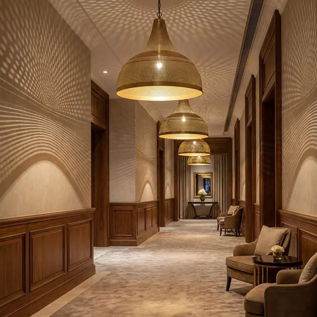 Multiple Moroccan brass dome pendant lighting fixtures suspended in a grand hallway, projecting dramatic geometric light and shadow effects onto upper walls and wooden wainscoting.