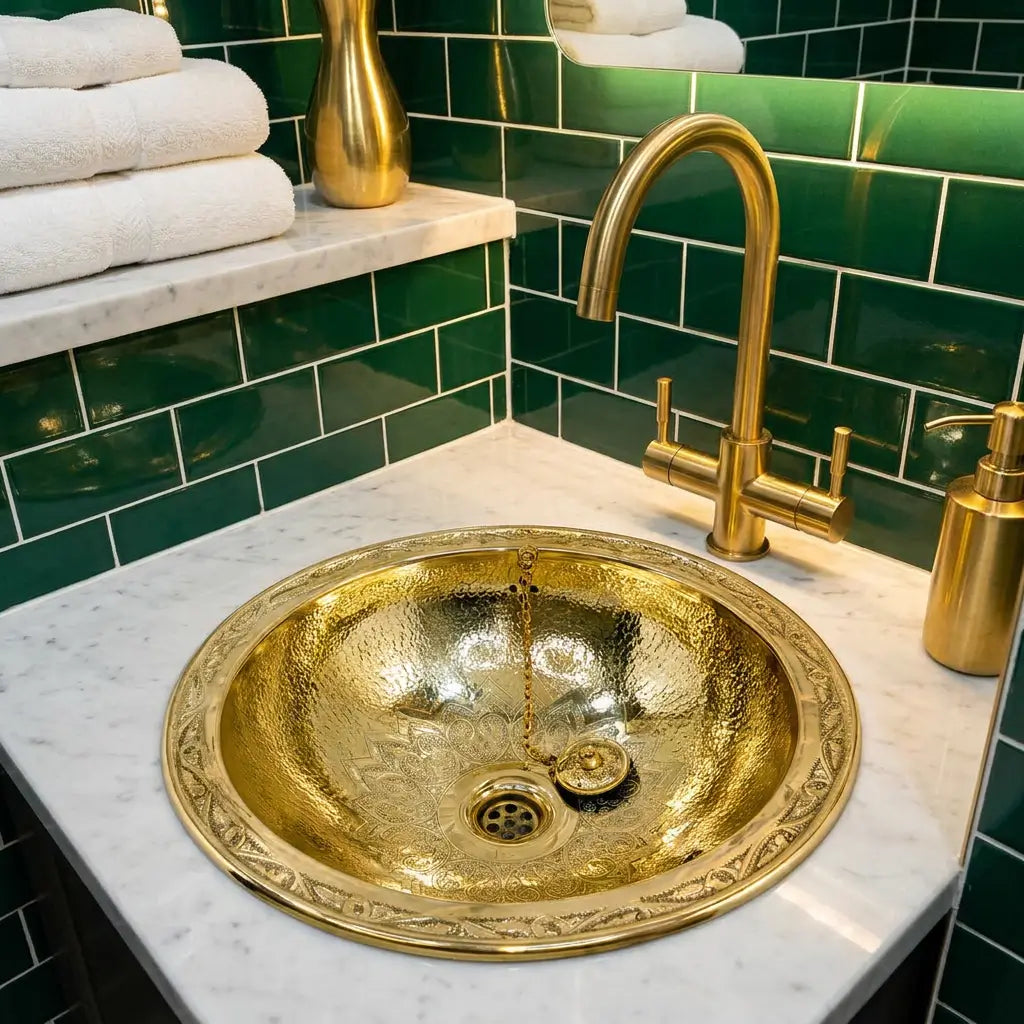 Round hand-hammered brass drop-in washbasin with engraved rim and high-arc gold mixer faucet set against a dark green subway tile backsplash