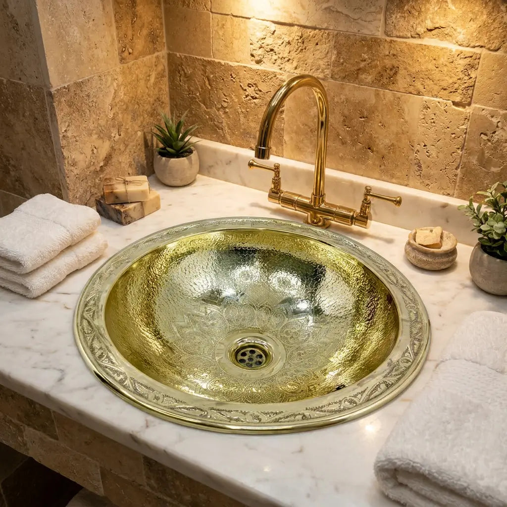 Round hammered brass drop-in sink with an engraved pattern on the rim, mounted on a white stone vanity countertop against a rustic brick tile wall with a tall brass faucet.