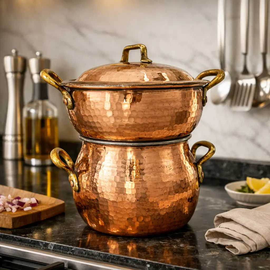 Close-up of a hammered traditional Moroccan copper couscous steamer pot with brass handles on a kitchen counter near cooking ingredients.