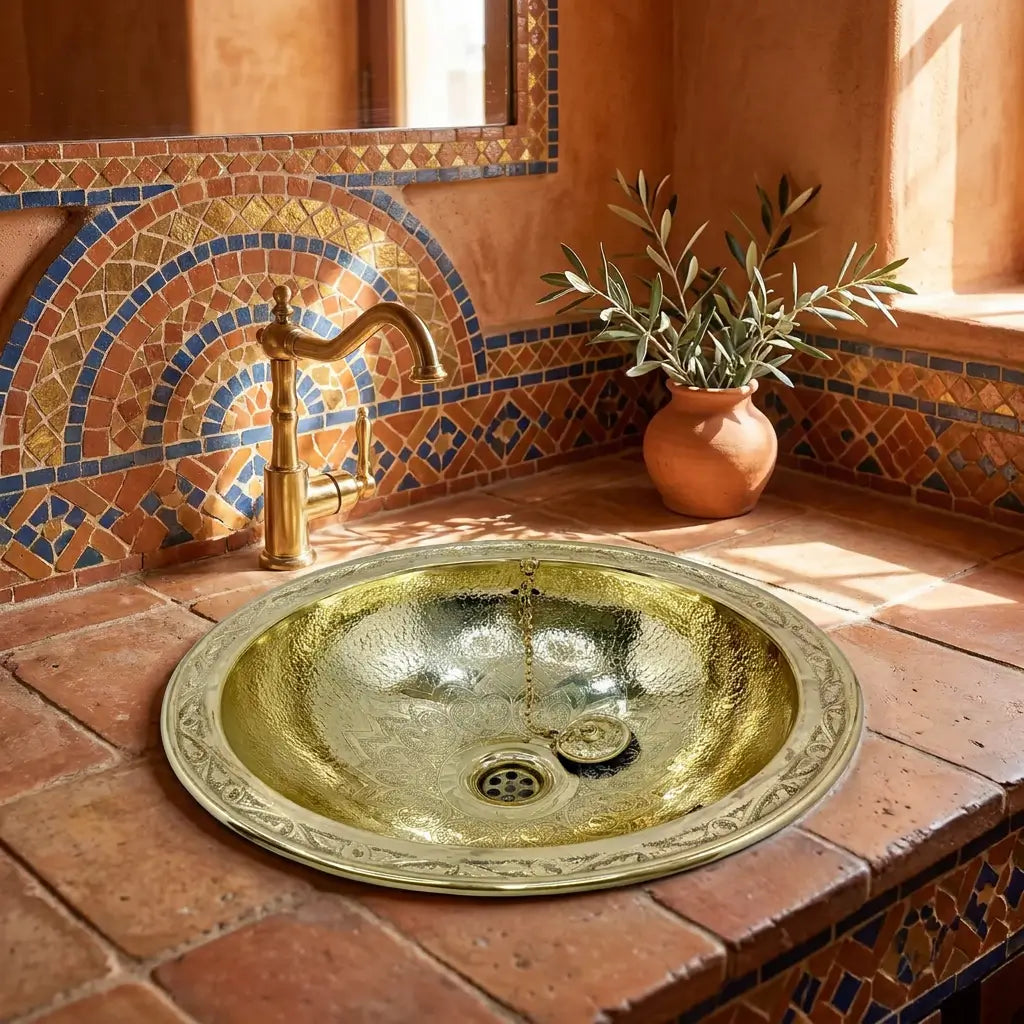 Hand-hammered polished brass drop-in washbasin with engraved rim and gooseneck faucet embedded in a rustic terracotta tiled countertop with Moroccan mosaic zellige backsplash