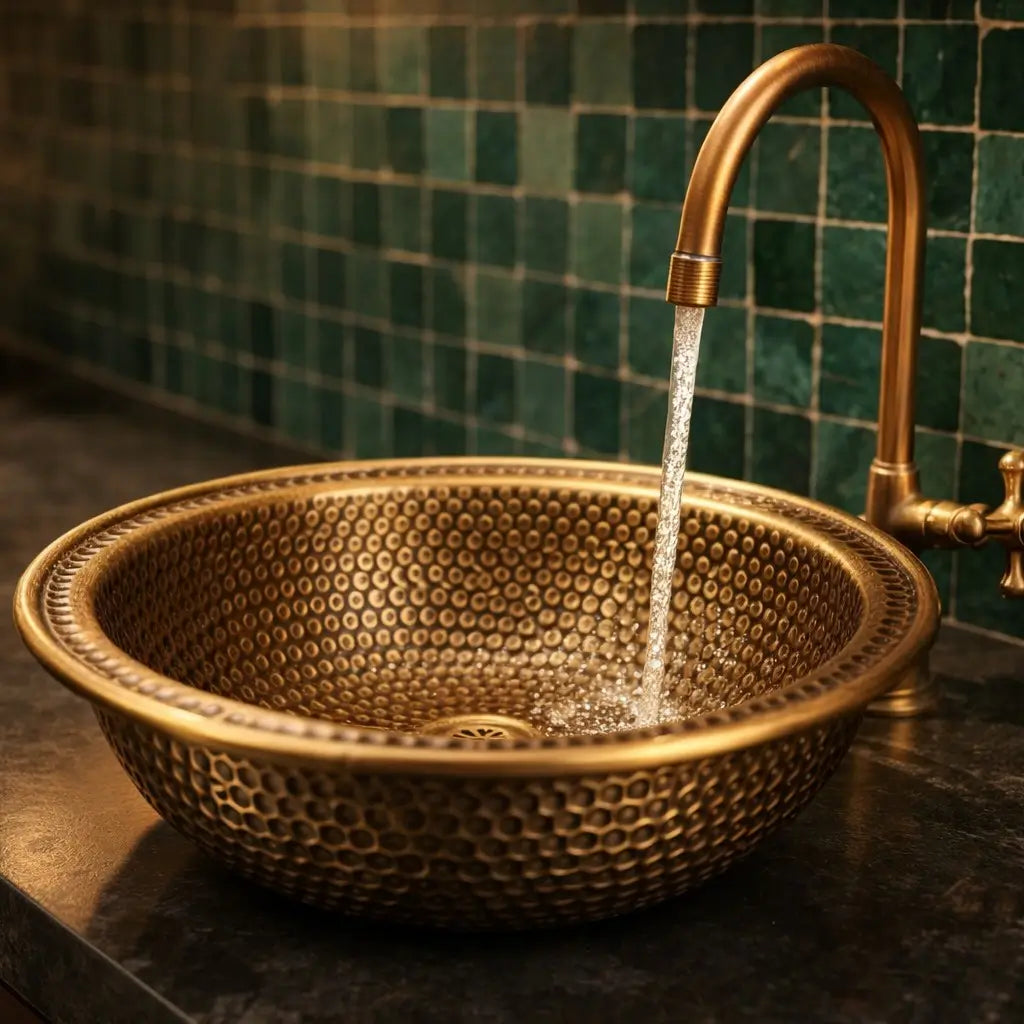 Water stream filling a hand hammered brass vessel sink against a green Moroccan zellige tile backsplash.