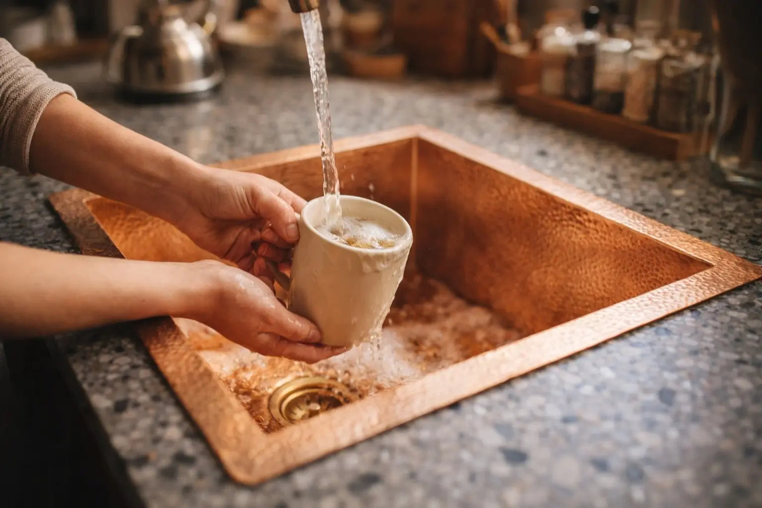 Daily kitchen use of a hand-hammered copper sink showing heavy duty durability.