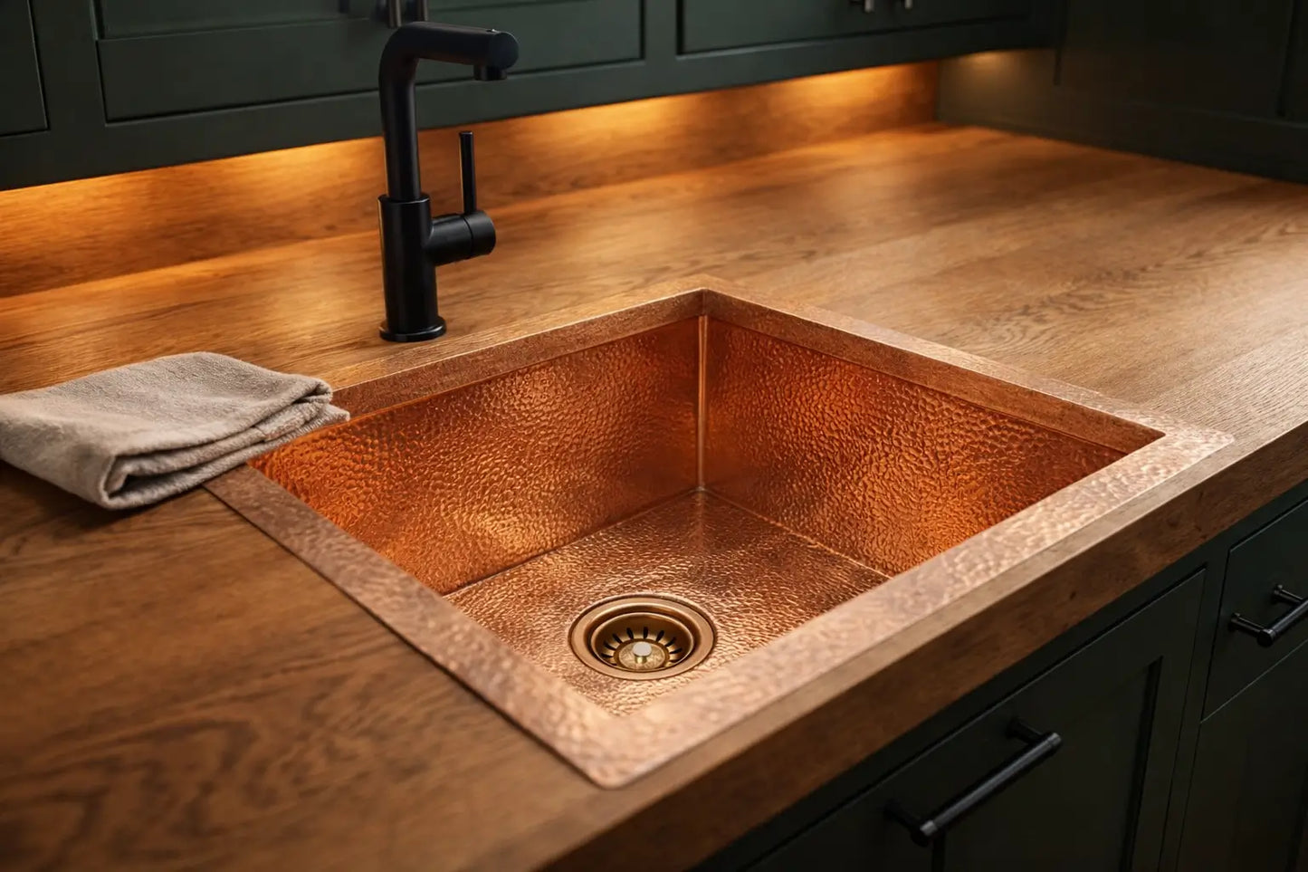 Hand-hammered solid copper sink embedded in a rustic wooden countertop with dark cabinets.