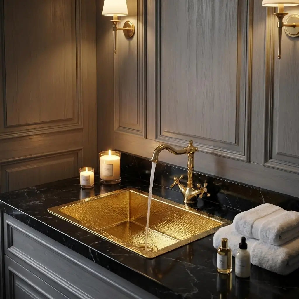 Luxury bathroom vanity with water running from a gold faucet into an undermount handcrafted brass Moroccan sink, set in a dark marble countertop with lit candles and towels.