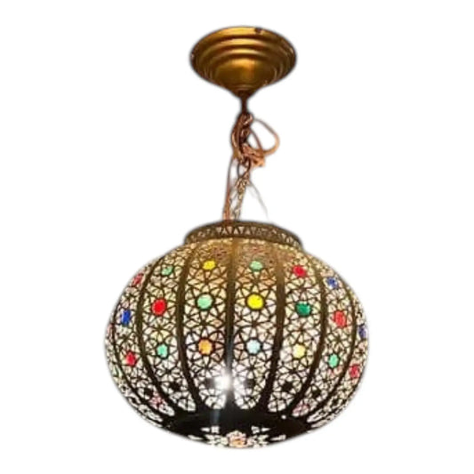 Handcrafted brass circular pendant lamp with colorful glass accents in Moroccan style, clearly displayed against a clean neutral white background.