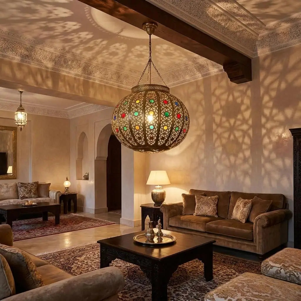 Handcrafted brass circular pendant lamp in traditional Moroccan style with colorful glass, reflecting intricate geometric shadow art on walls and ceiling of a luxury riad hallway.