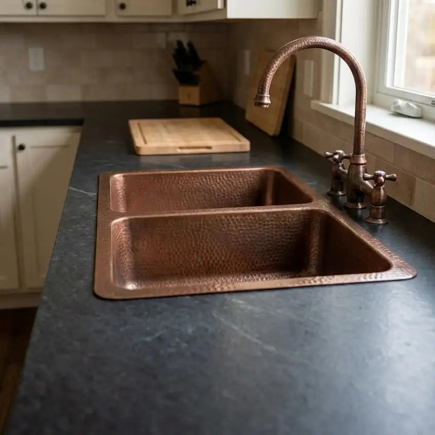 Handcrafted hammered copper double kitchen sink installed under a dark countertop next to a window with a matching copper faucet