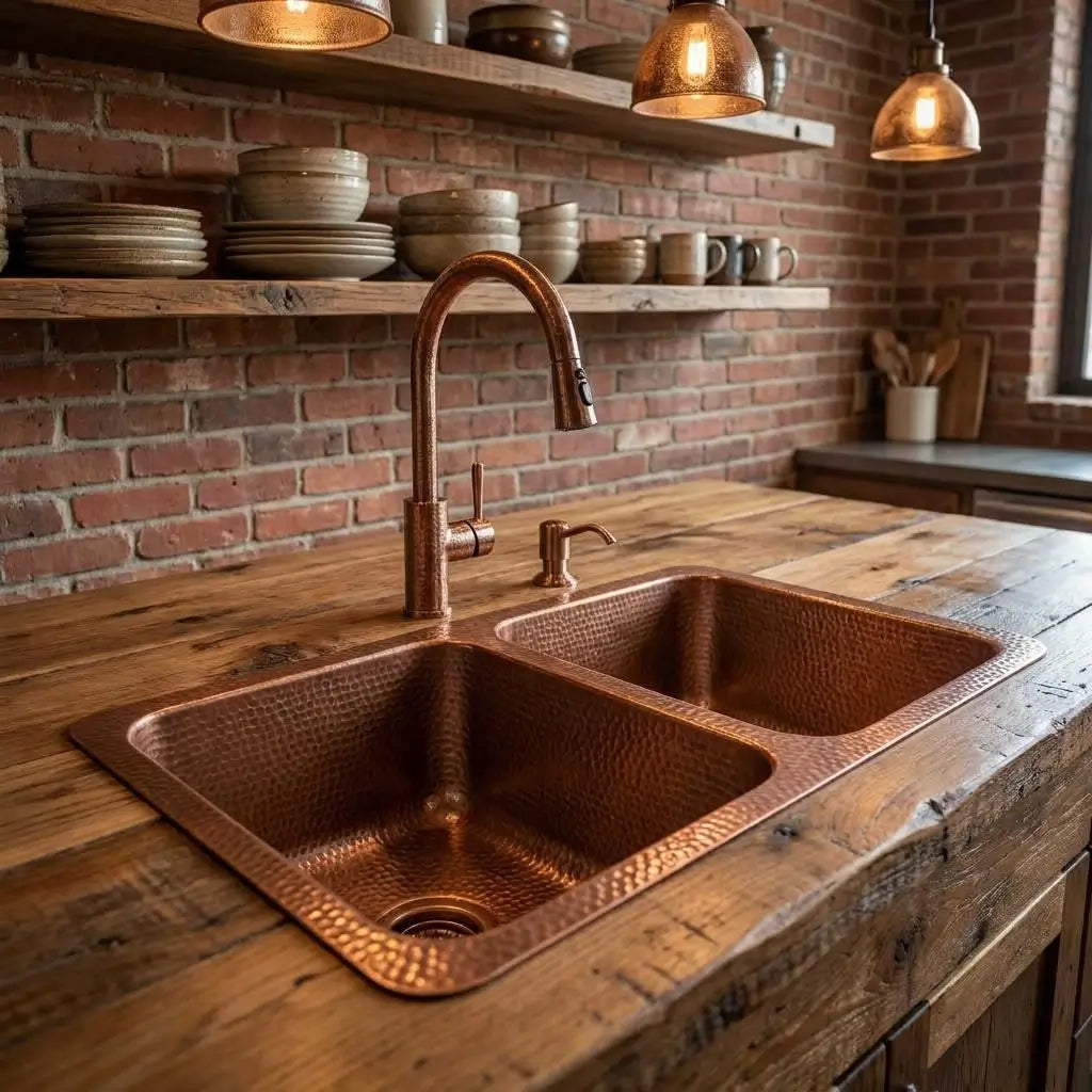 Handcrafted hammered copper double kitchen sink set in a rustic wood countertop against an exposed red brick wall with industrial pendant lights