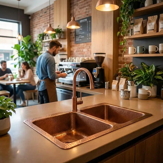 Handcrafted hammered copper double kitchen sink installed in a modern coffee shop counter with a copper faucet and a barista in the background
