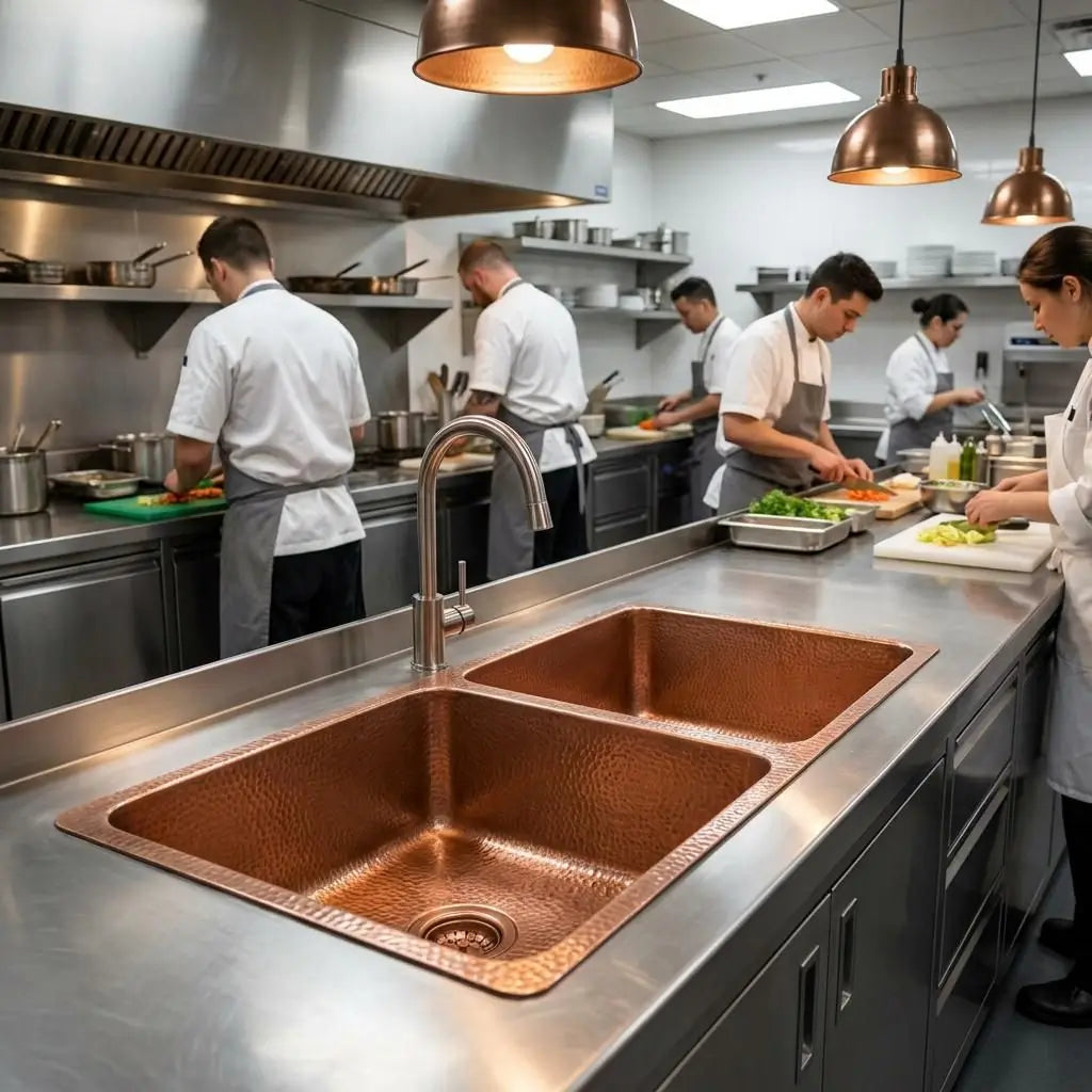 Handcrafted hammered copper double kitchen sink integrated into a stainless steel countertop within a commercial restaurant kitchen with chefs preparing food.