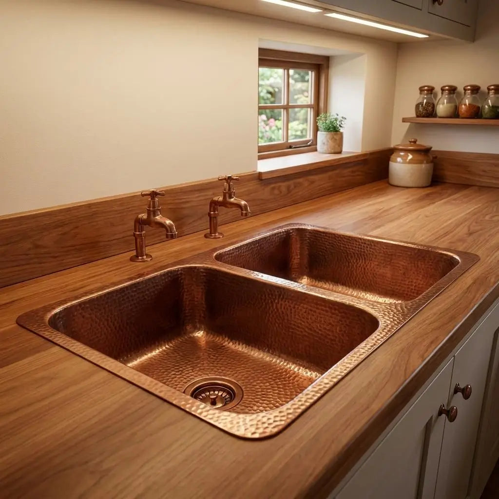 Handcrafted hammered copper double kitchen sink fitted into a light wood countertop with separate antique copper pillar hot and cold water taps