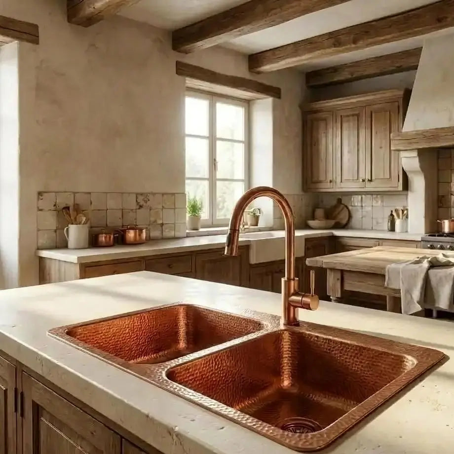 Handcrafted hammered copper double kitchen sink embedded in a marble island countertop with a matching copper faucet in a rustic kitchen setting.