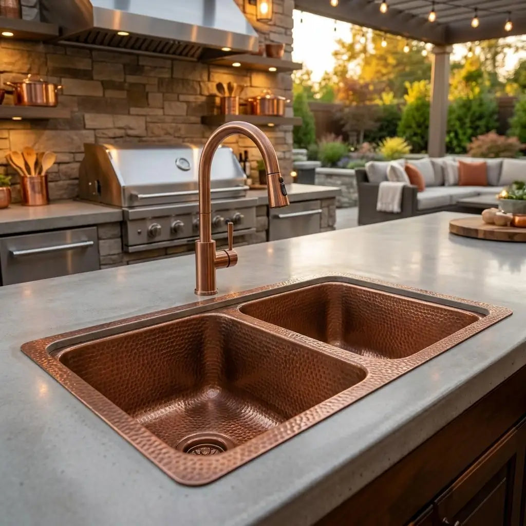 Handcrafted hammered copper double kitchen sink installed in an outdoor kitchen island with a copper faucet and a barbecue grill setup in the background.