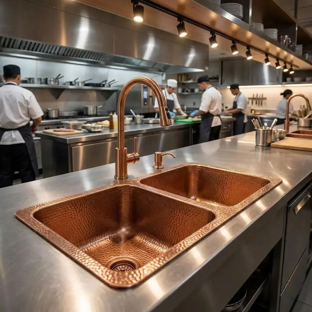 Handcrafted hammered copper double kitchen sink built into a stainless steel professional kitchen counter with a copper faucet and chefs cooking