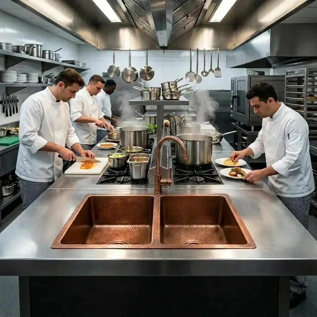 Handcrafted hammered copper double kitchen sink embedded in a stainless steel central island workstation inside a busy restaurant kitchen.