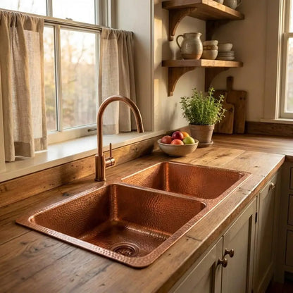 Handcrafted hammered copper double kitchen sink installed in a rustic wooden countertop by a window with a copper gooseneck faucet.