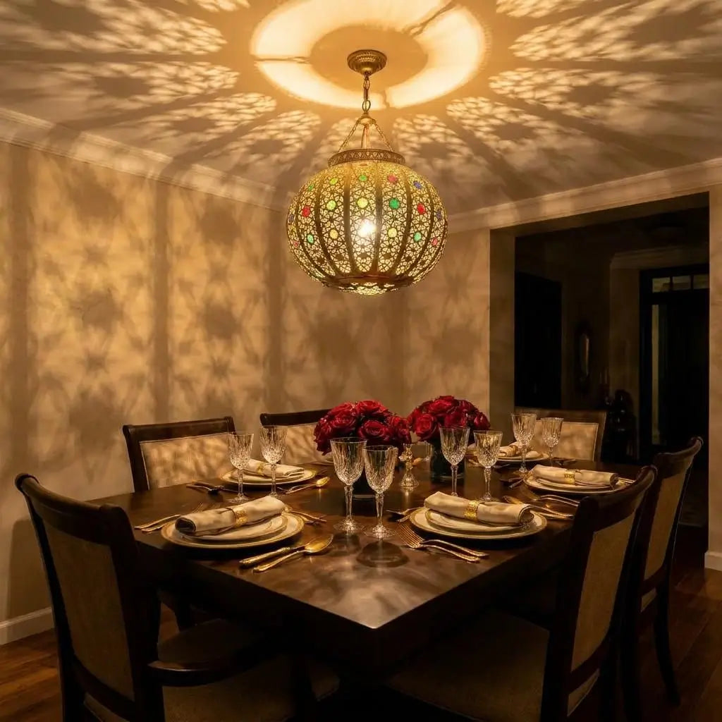 Handcrafted Moroccan brass ceiling light fixture with colorful glass hanging over a set dining table, reflecting intricate oriental patterns on surrounding walls.