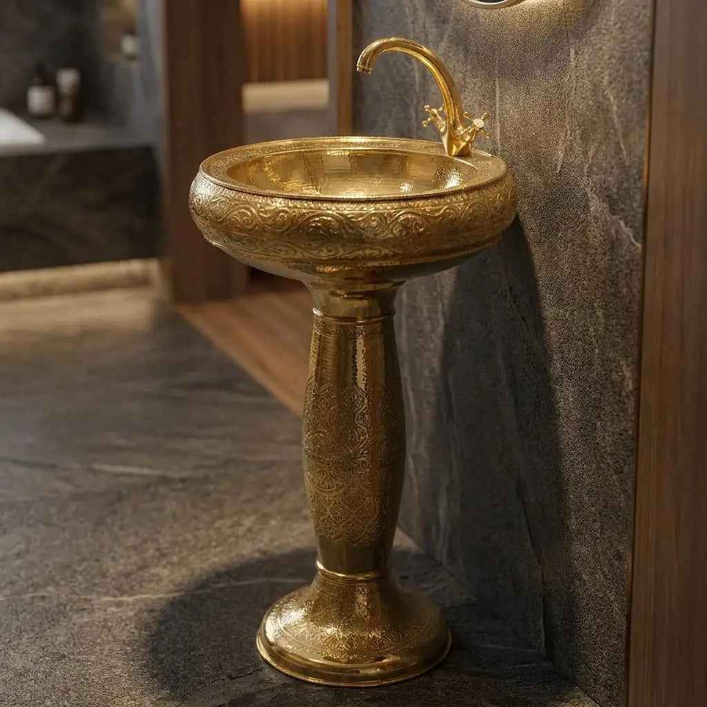 Handcrafted Moroccan engraved brass pedestal sink with a matching gold brass high-arc faucet, showcasing traditional artisan patterns against a rustic dark textured stone wall and modern tiled flooring.