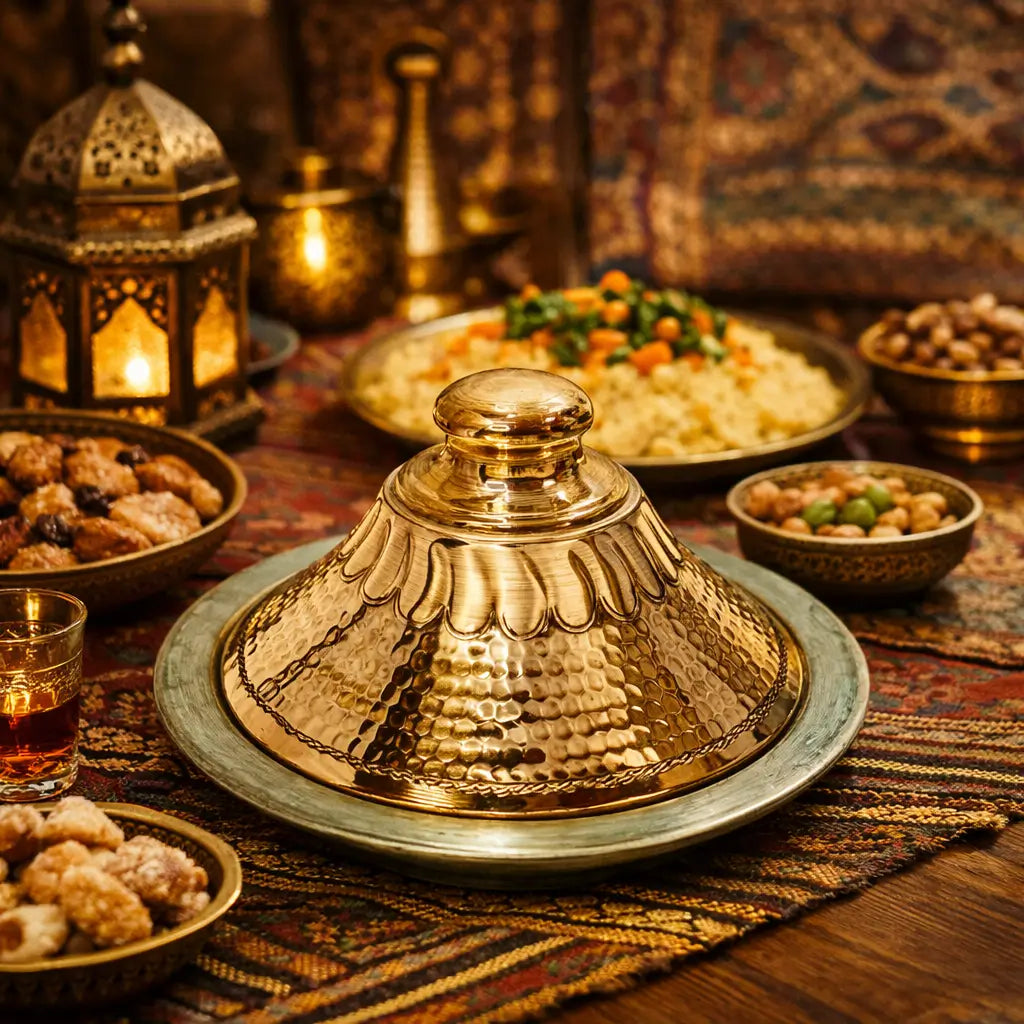 Handcrafted Moroccan copper tagine with conical lid served on a traditional Ramadan dining table