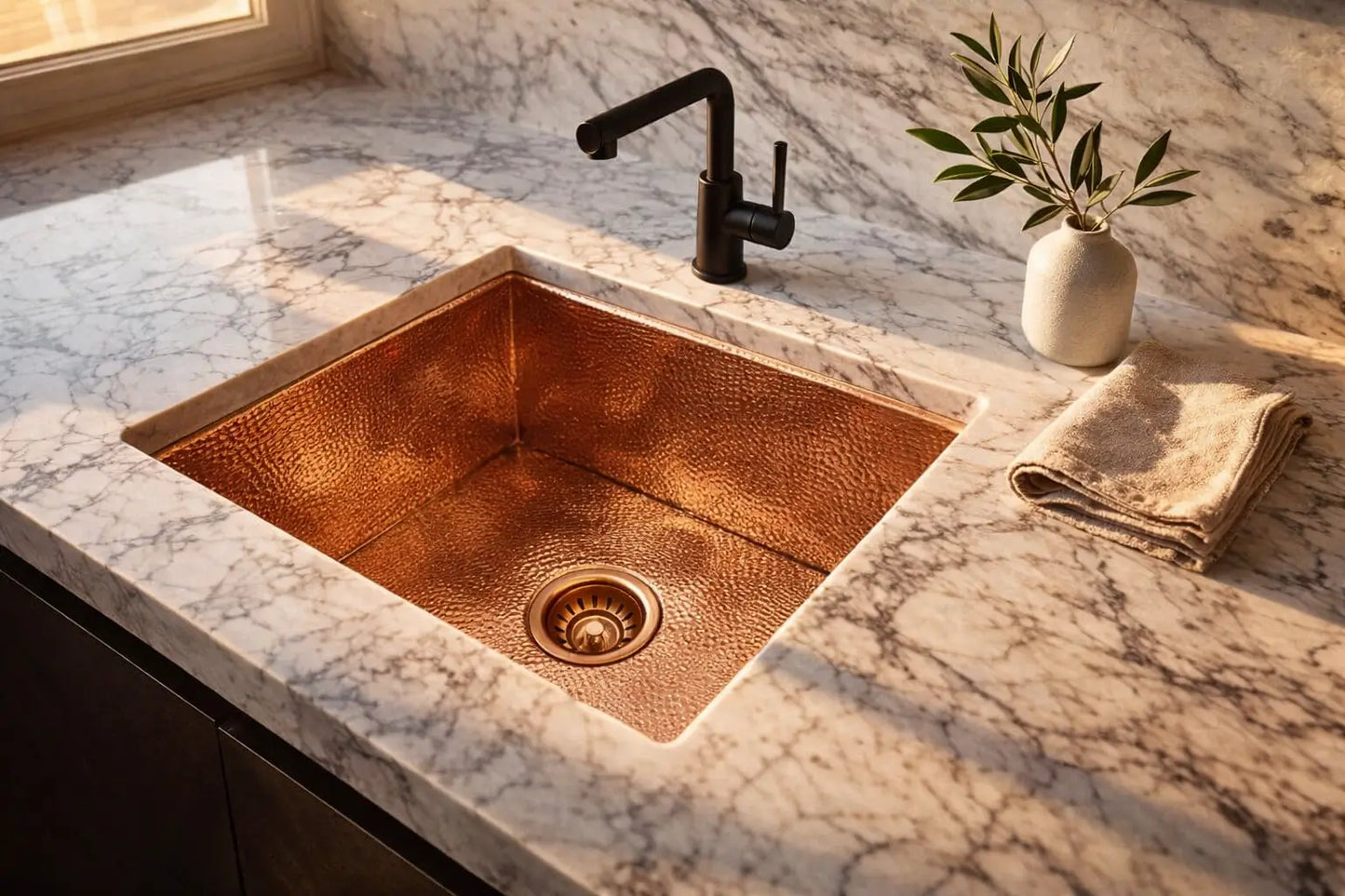 Luxury handcrafted solid copper sink installed on a modern white marble kitchen countertop.