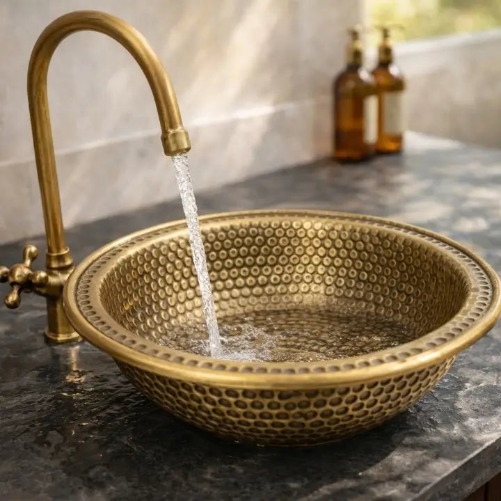 Water flowing from a vintage faucet into a custom handmade brass bathroom sink on a dark countertop.