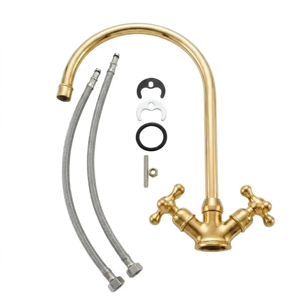 Unassembled handmade brass Moroccan vanity tap showing the gooseneck spout, double cross handles, flexible hoses, and mounting hardware parts, isolated on a solid white background