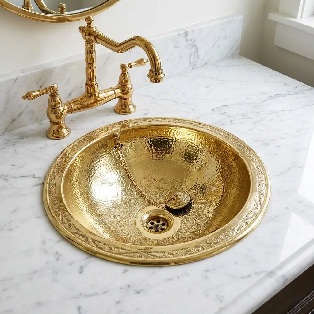 Oval hand-hammered brass vessel sink with an engraved rim pattern installed on a polished white marble countertop featuring a classic unlacquered brass faucet.