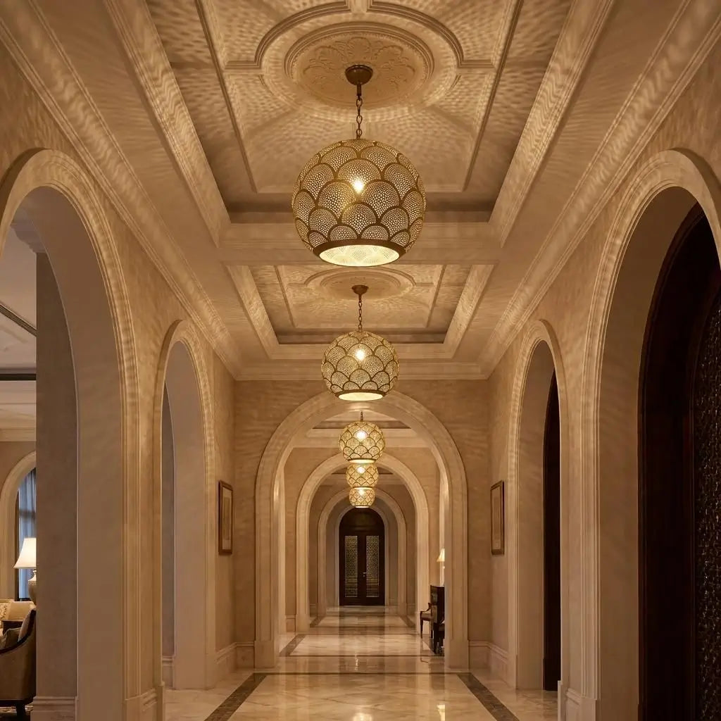 Artisan handmade brass pendant lights hanging from a decorative ceiling in an arched palace corridor
